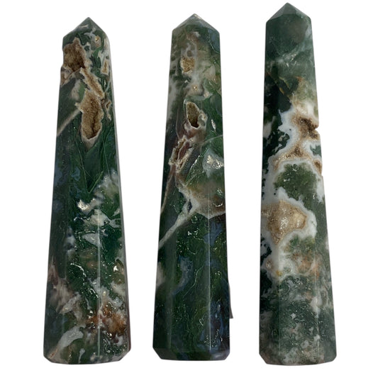 Moss agate tower x 3 druzy