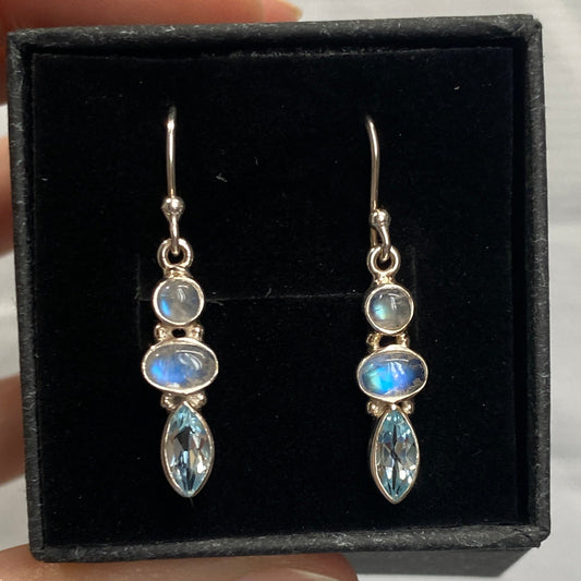 Moonstone and blue topaz sterling silver drop earrings