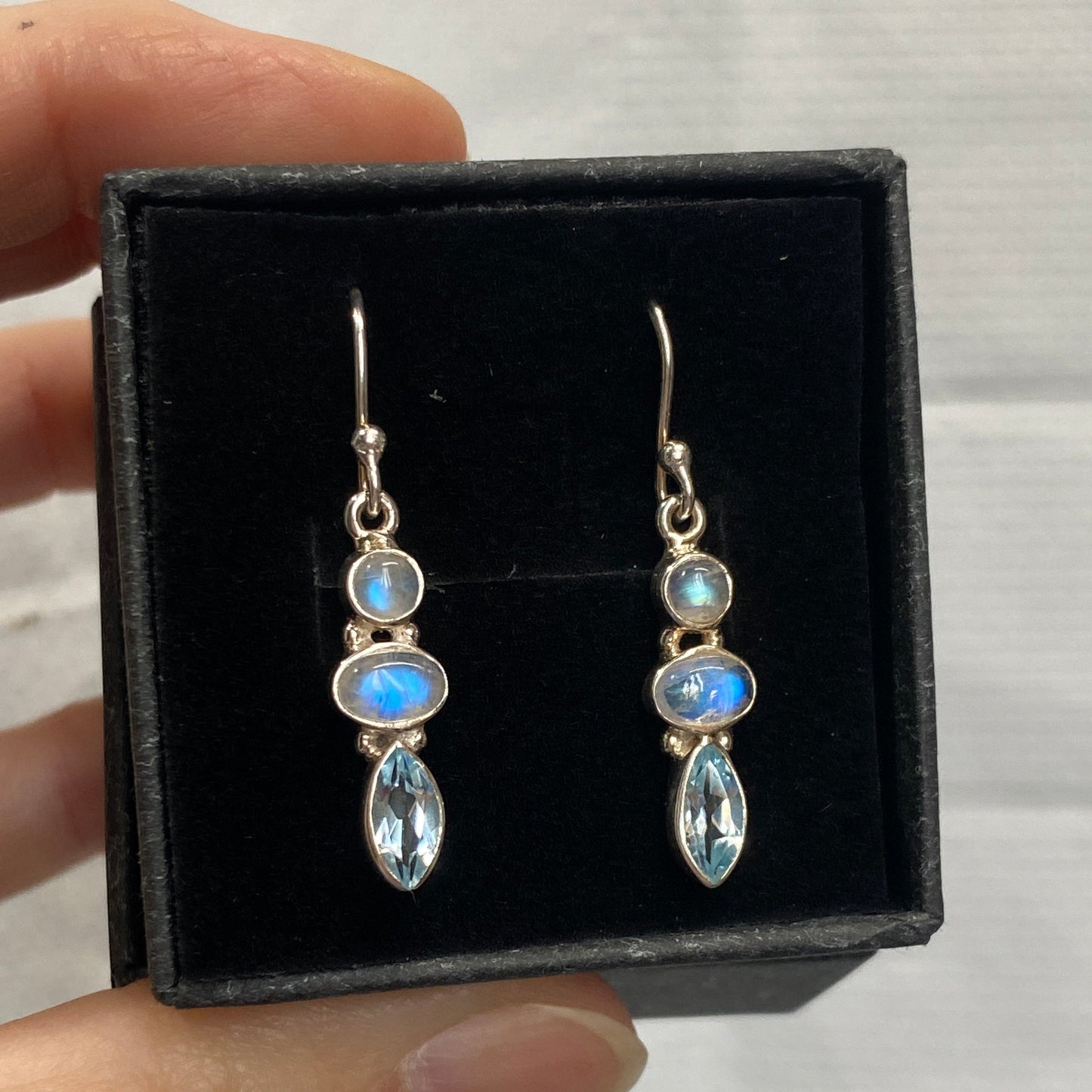 Moonstone and blue topaz sterling silver drop earrings