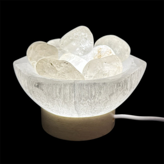 Tumbled clear quartz lamp in hexagon selenite bowl white light