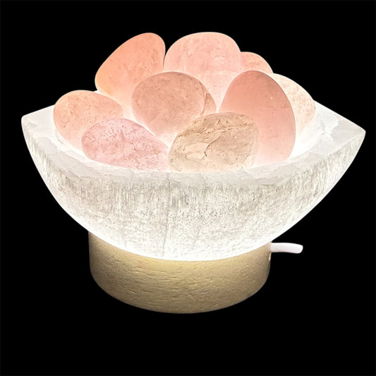 Tumbled Rose quartz lamp in hexagon selenite bowl white light
