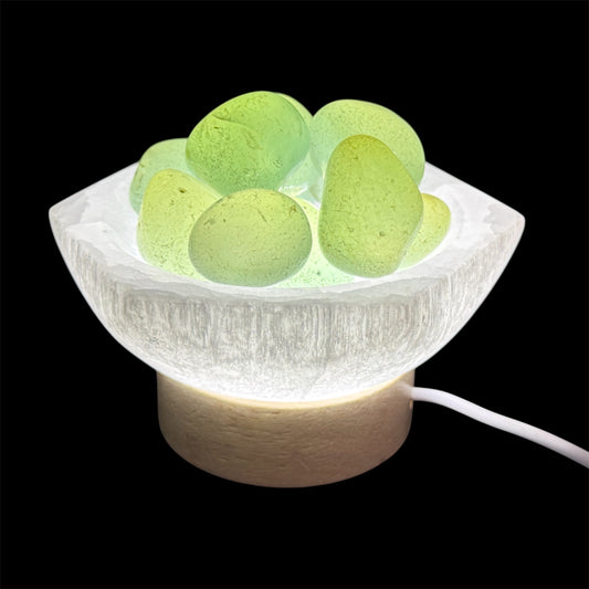 Tumbled Aqua onyx lamp in hexagon selenite bowl white light