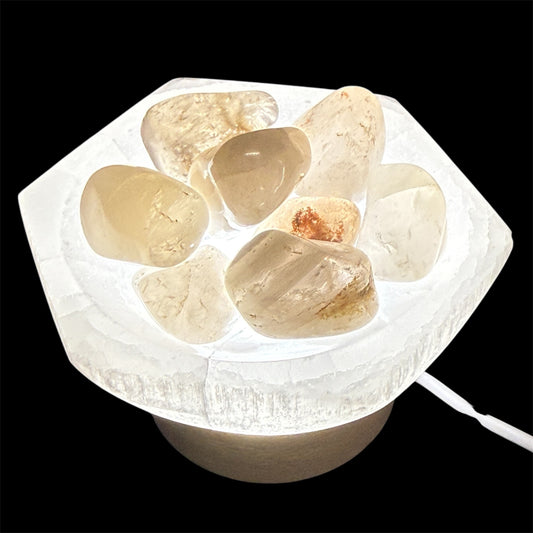 Tumbled Smoky Quartz lamp in hexagon selenite bowl white light