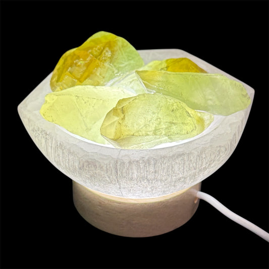 Green calcite chunks lamp in hexagon selenite bowl white light