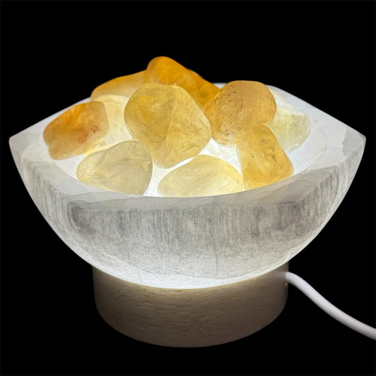 Tumbled Citrine lamp in hexagon selenite bowl white light