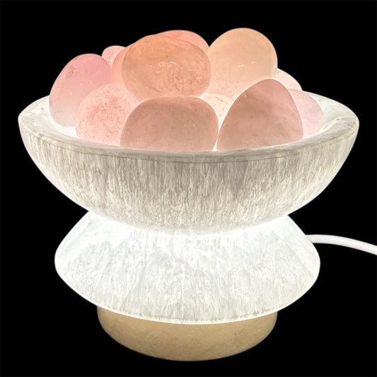 selenite bowl lamp with rose quartz