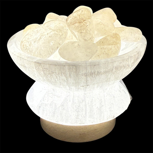 selenite bowl lamp with clear quartz tumbles