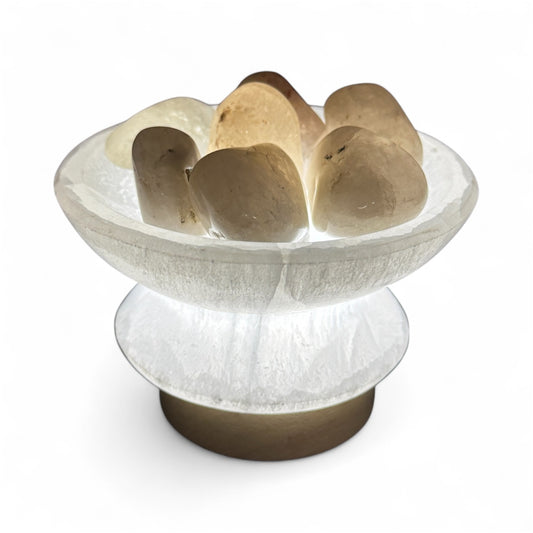 selenite bowl lamp with large smoky quartz tumbles