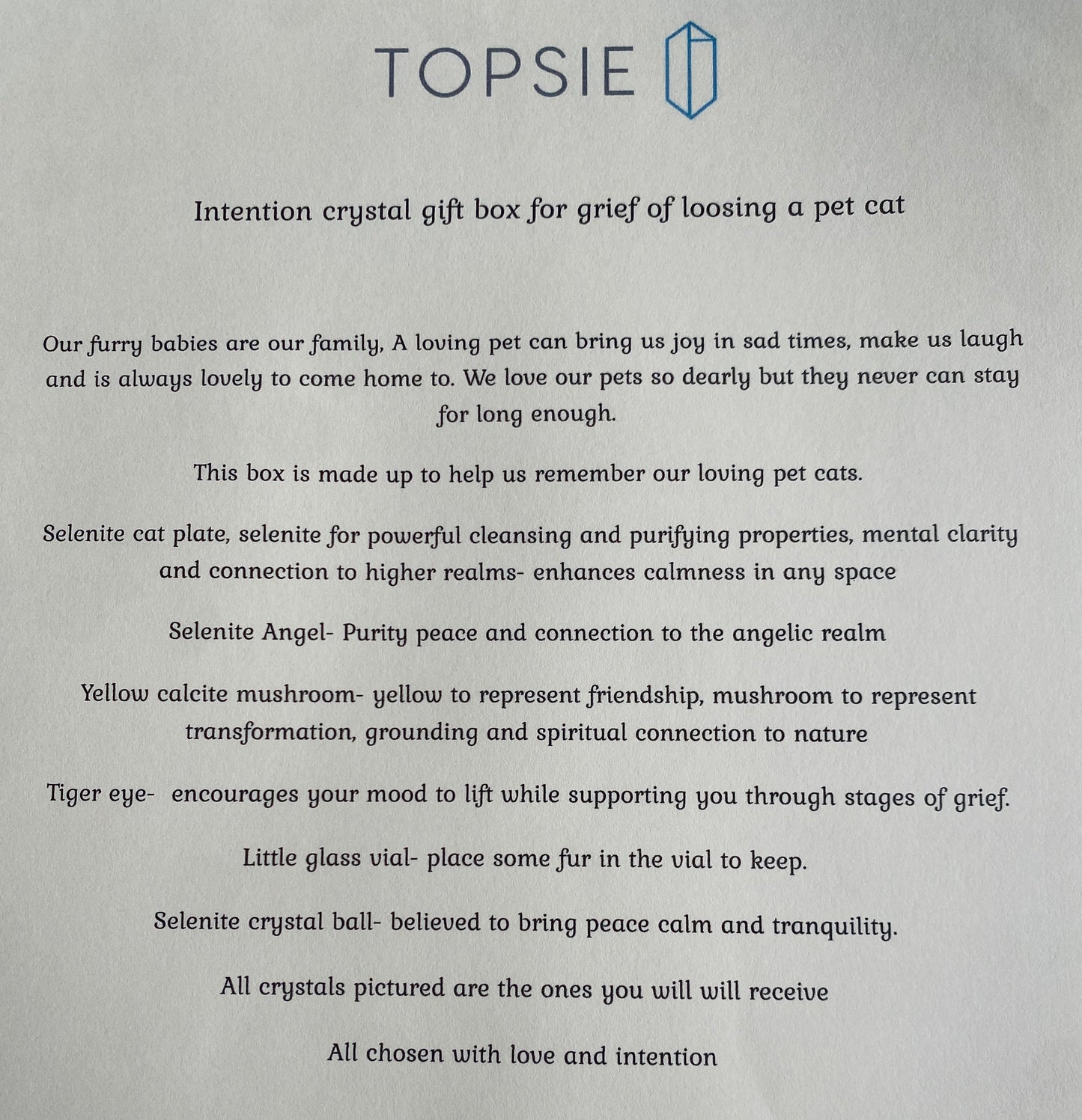 Intention crystal gift box for grief of loosing a pet cat