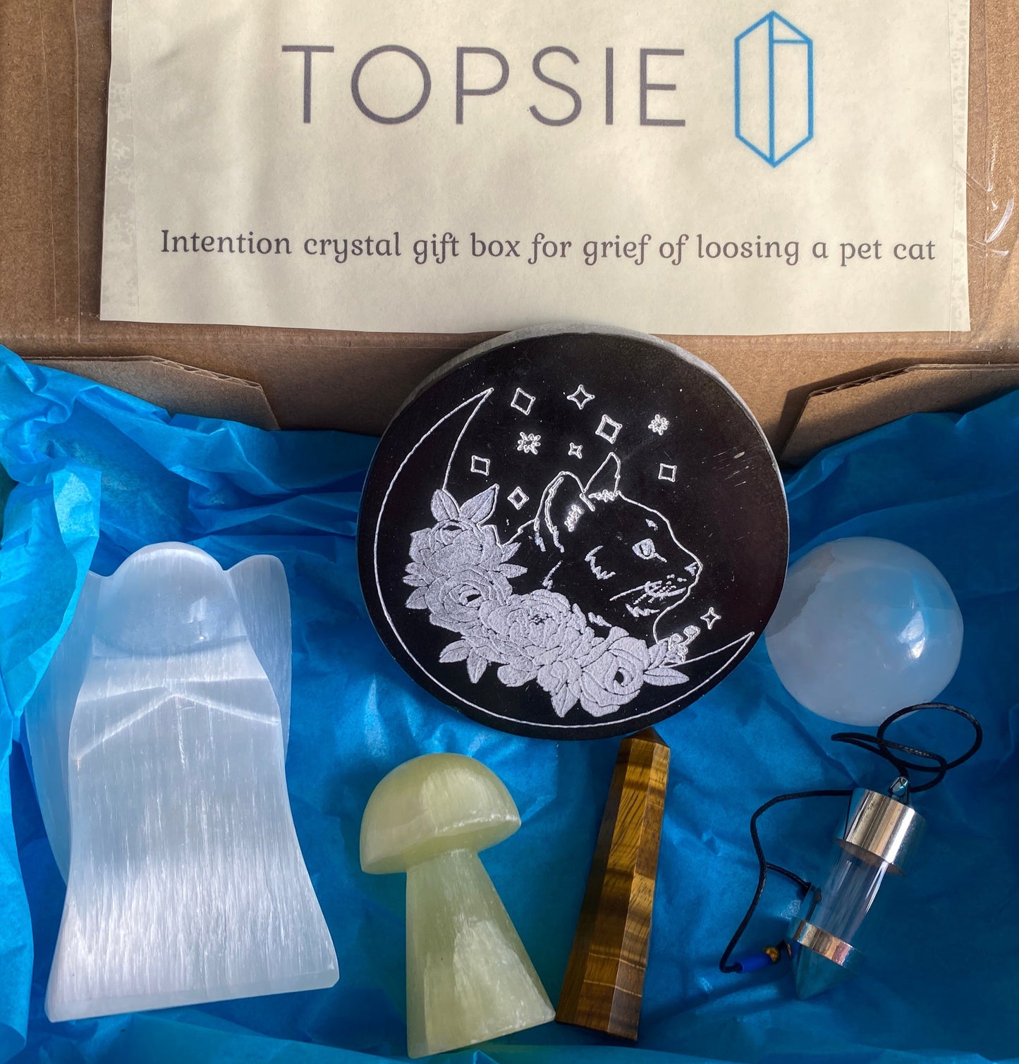Intention crystal gift box for grief of loosing a pet cat