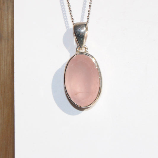 Rose quartz pendant sterling silver oval faceted silver