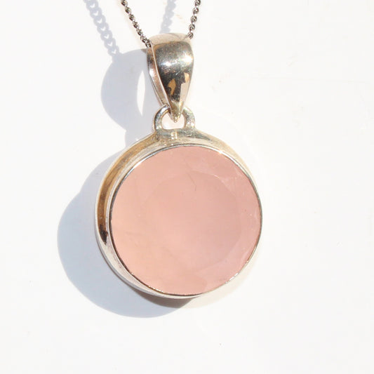 Rose quartz pendant sterling silver round faceted silver