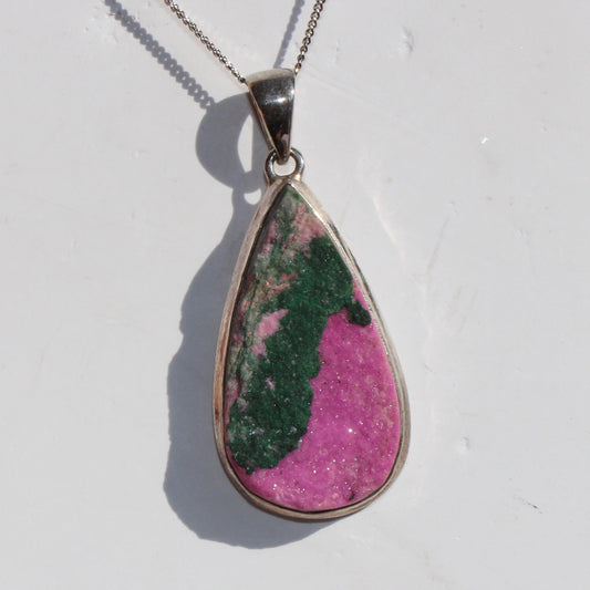 Cobalt Calcite with Malachite  sterling silver pendant rare large
