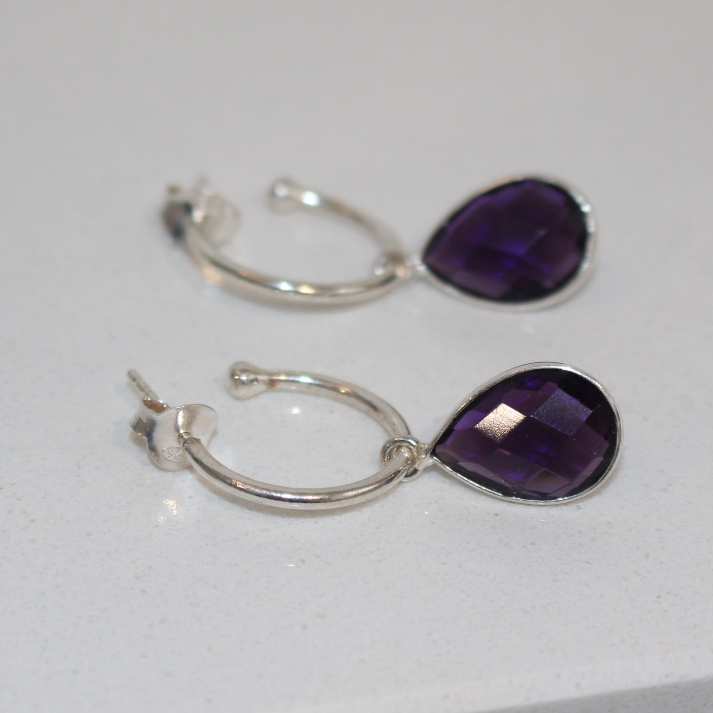 Amethyst drop on a silver hoop earrings