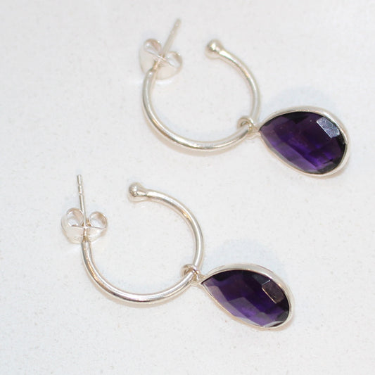 Amethyst drop on a silver hoop earrings