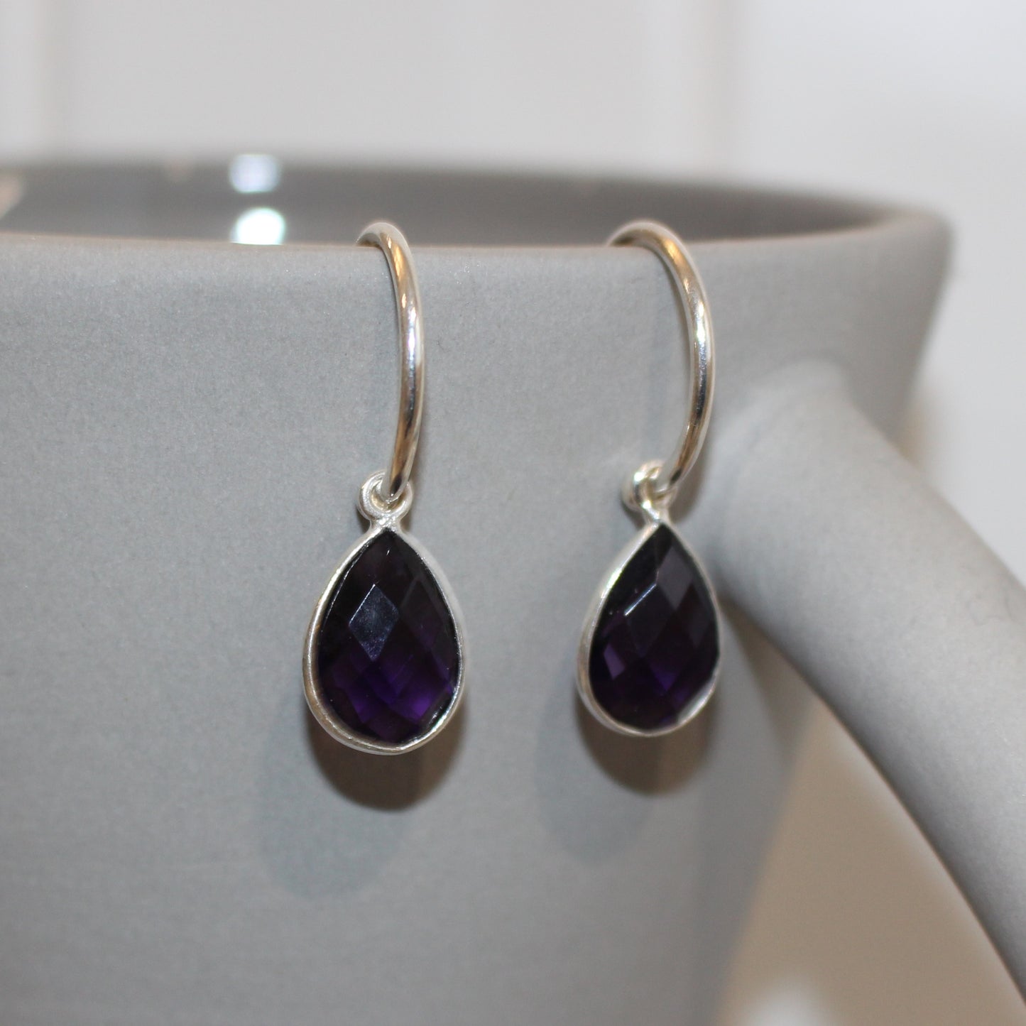 Amethyst drop on a silver hoop earrings
