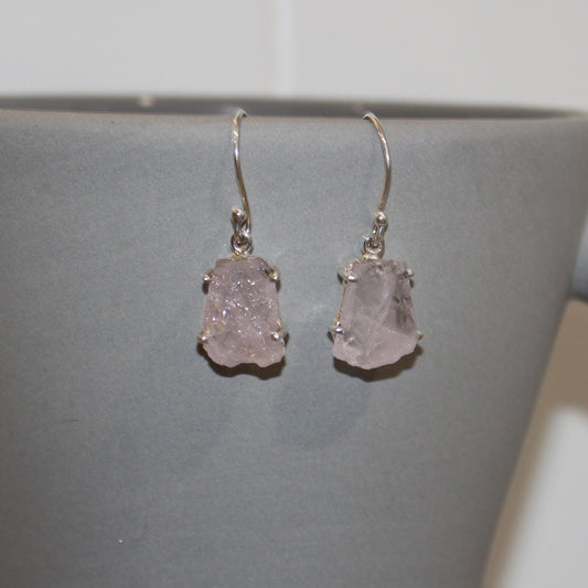 Rose quartz rough cut sterling silver earrings