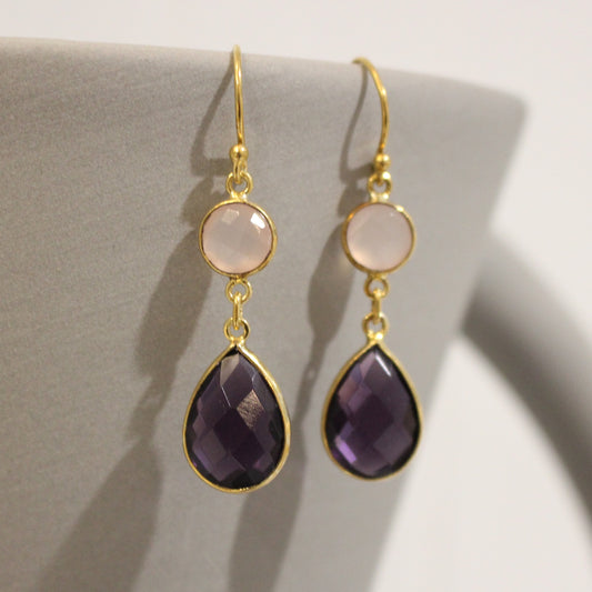 Gold filled amethyst and rose quartz drop earrings