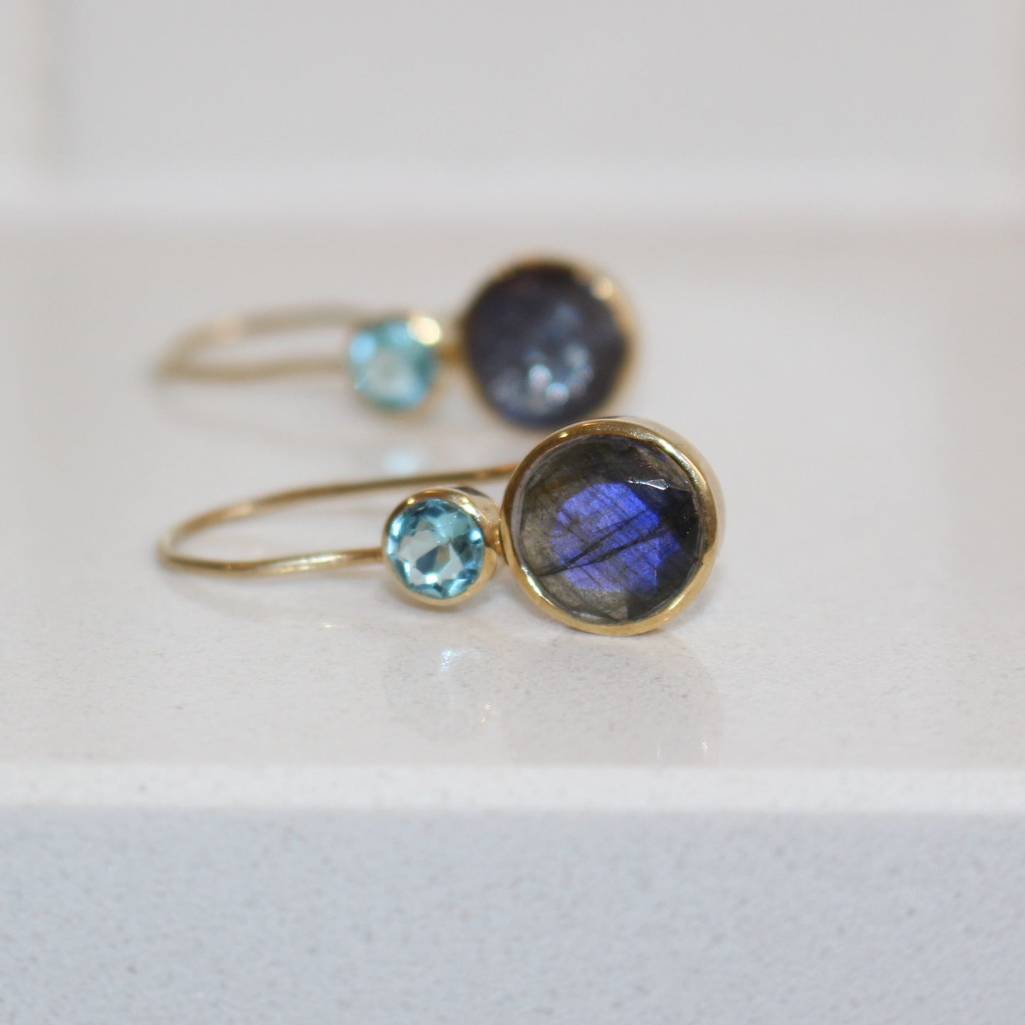 Gold filled Labradorite and blue topaz earrings silver
