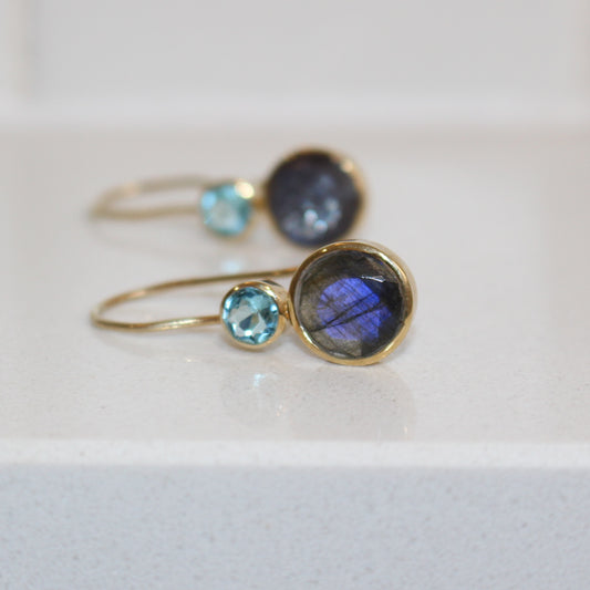Gold filled Labradorite and blue topaz earrings silver