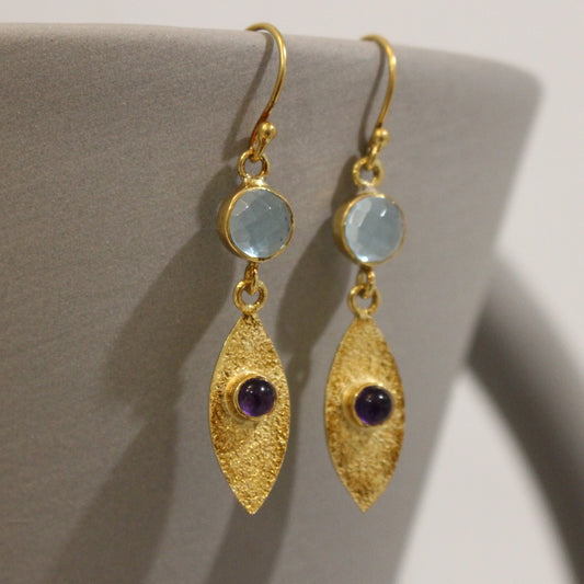 Gold filled blue toapz  and amethyst drop earrings