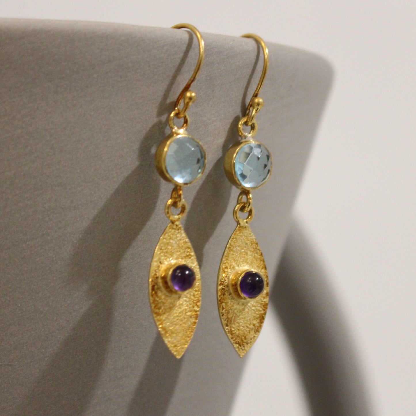 Gold filled blue toapz  and amethyst drop earrings