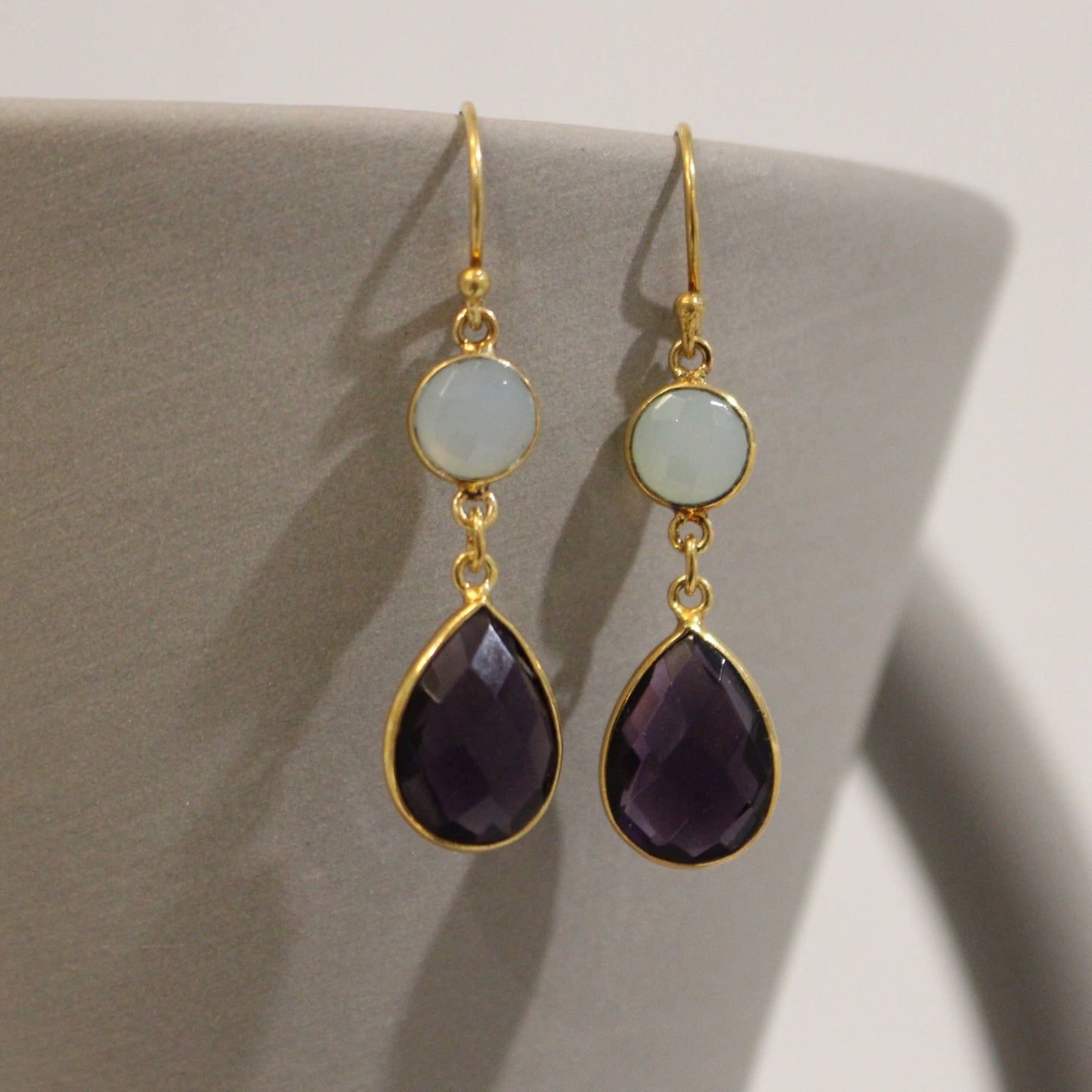 Gold filled amethyst and blue chalcedony drop earrings