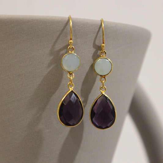 Gold filled amethyst and blue chalcedony drop earrings