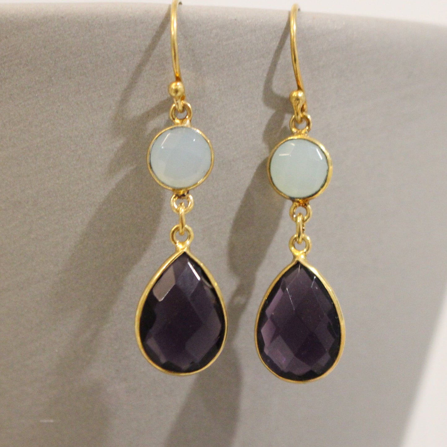 Gold filled amethyst and blue chalcedony drop earrings