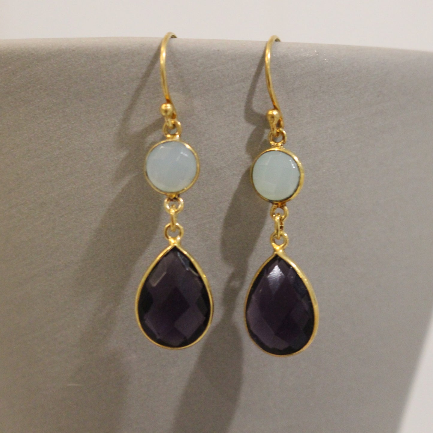 Gold filled amethyst and blue chalcedony drop earrings