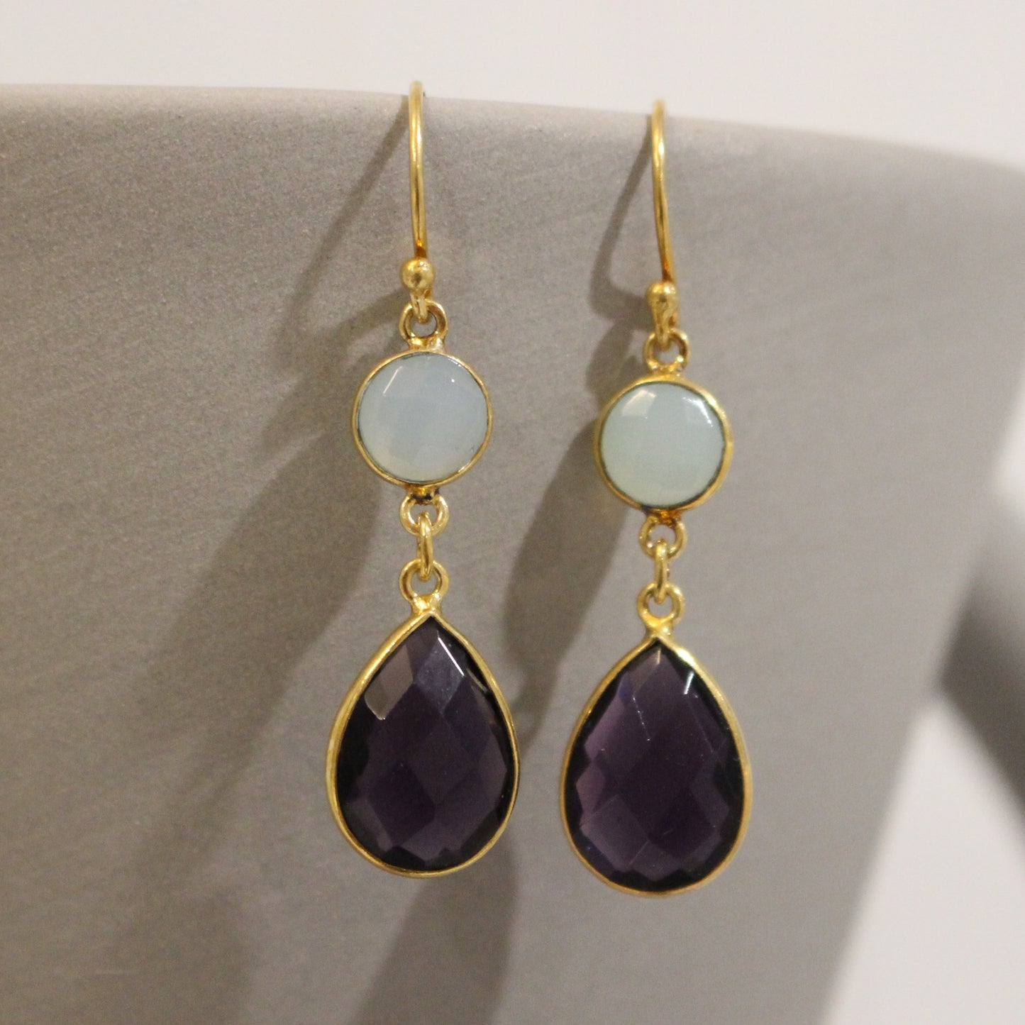 Gold filled amethyst and blue chalcedony drop earrings