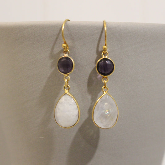 Gold filled amethyst and moonstone drop earrings