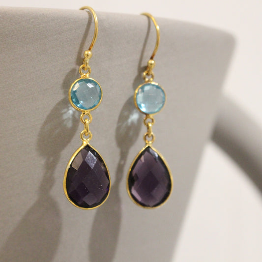 Gold filled amethyst and blue topaz drop earrings