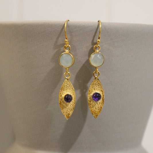 Gold filled Aqua chalcedony amethyst drop earrings